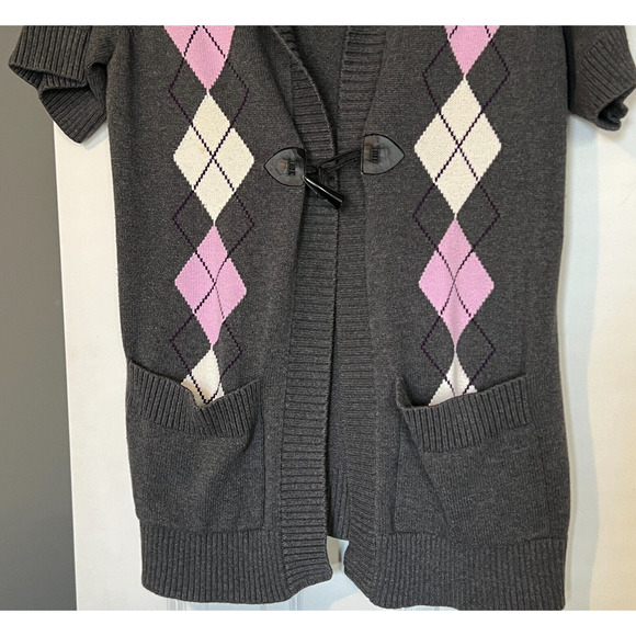 Tommy Hilfiger Womens 1X Cardigan Sweater Argyle Print Toggle Close Short Sleeve - Picture 3 of 5
